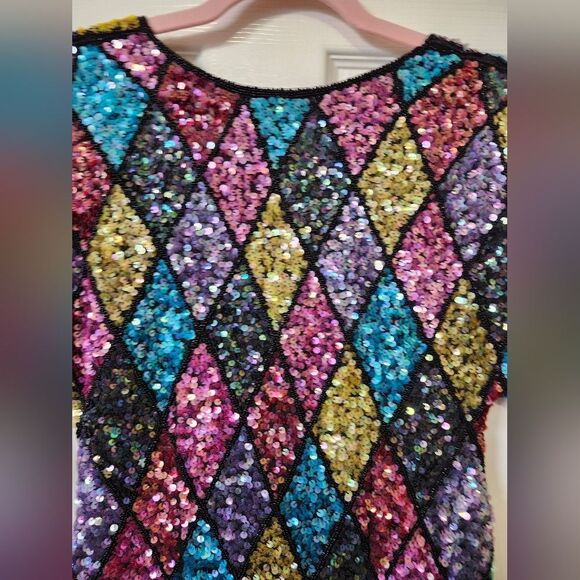 Vintage 80s Colorful Sequins Diamond Argyle Tassel Fringe Midi Dress Fla… - Picture 4 of 13